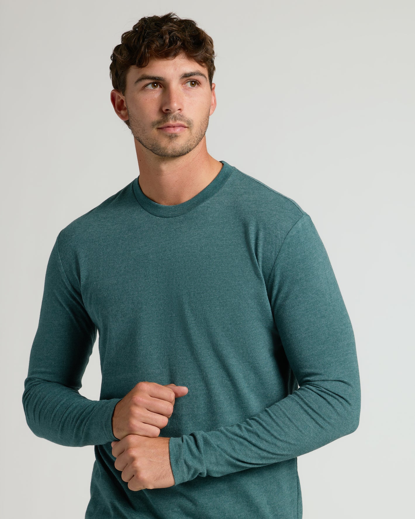 Heather Seafarer Tall Long Sleeve T-Shirt on young man, teal.