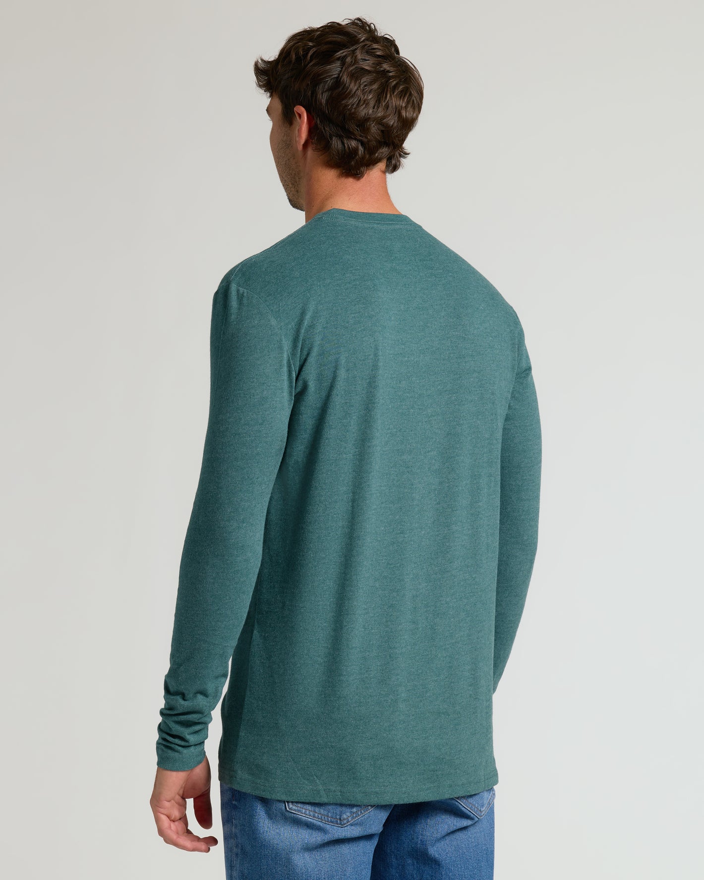 Heather Seafarer Tall Long Sleeve T-Shirt on man, back view.