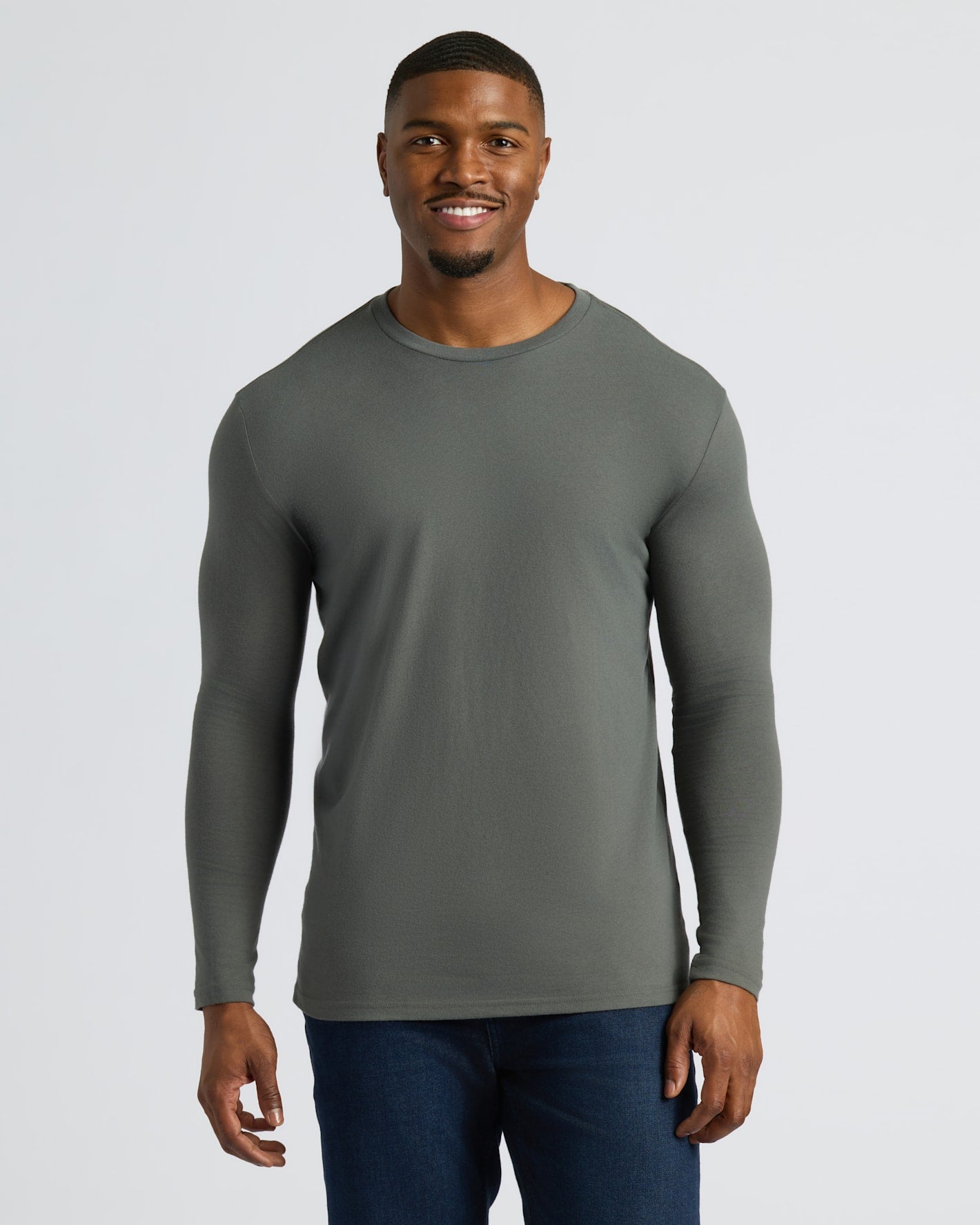 Carbon Tall Long Sleeve T-Shirt on smiling man, relaxed arms, perfect fit.