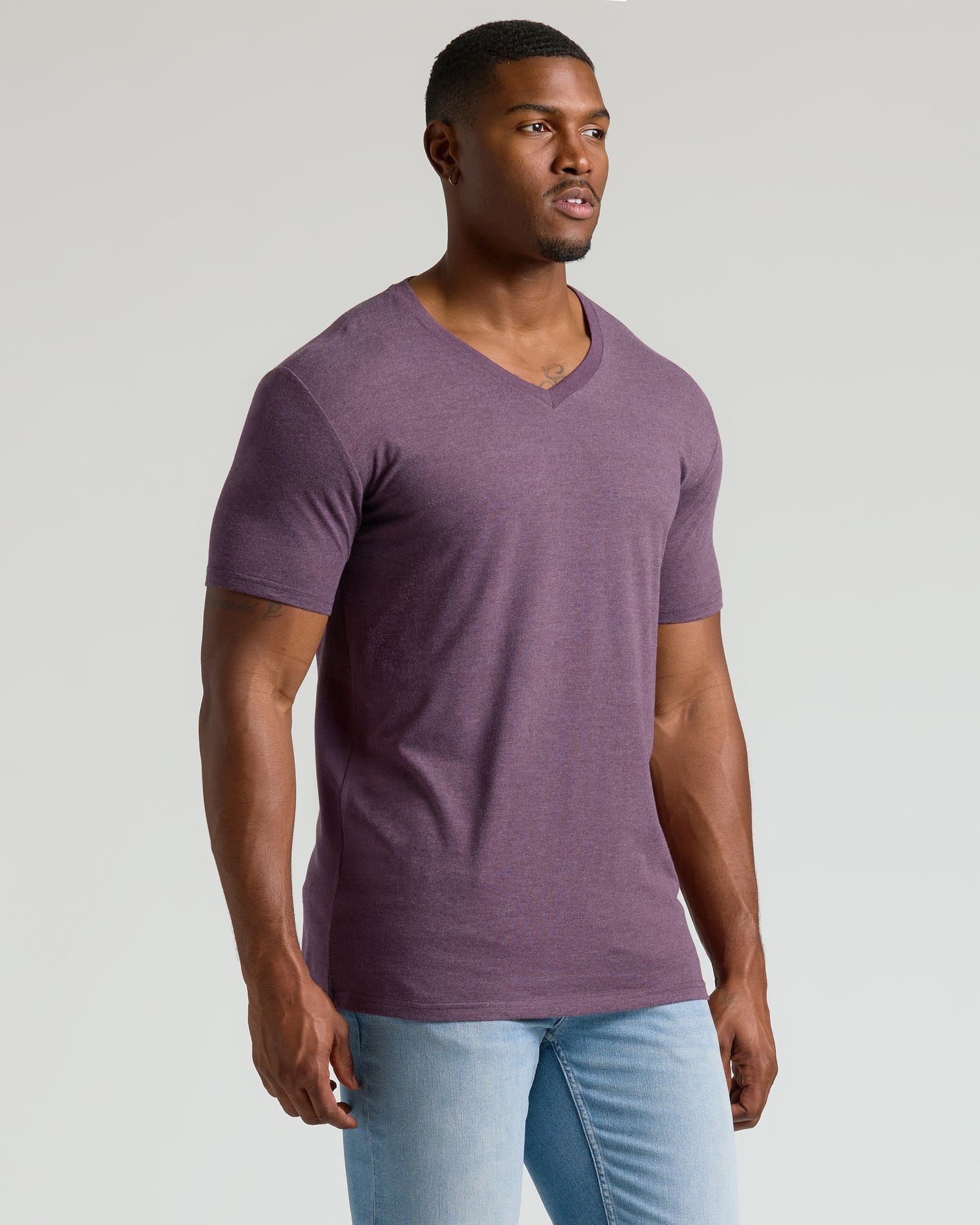 Dark Heather Plum Tall Classic V-Neck on male model, relaxed pose.