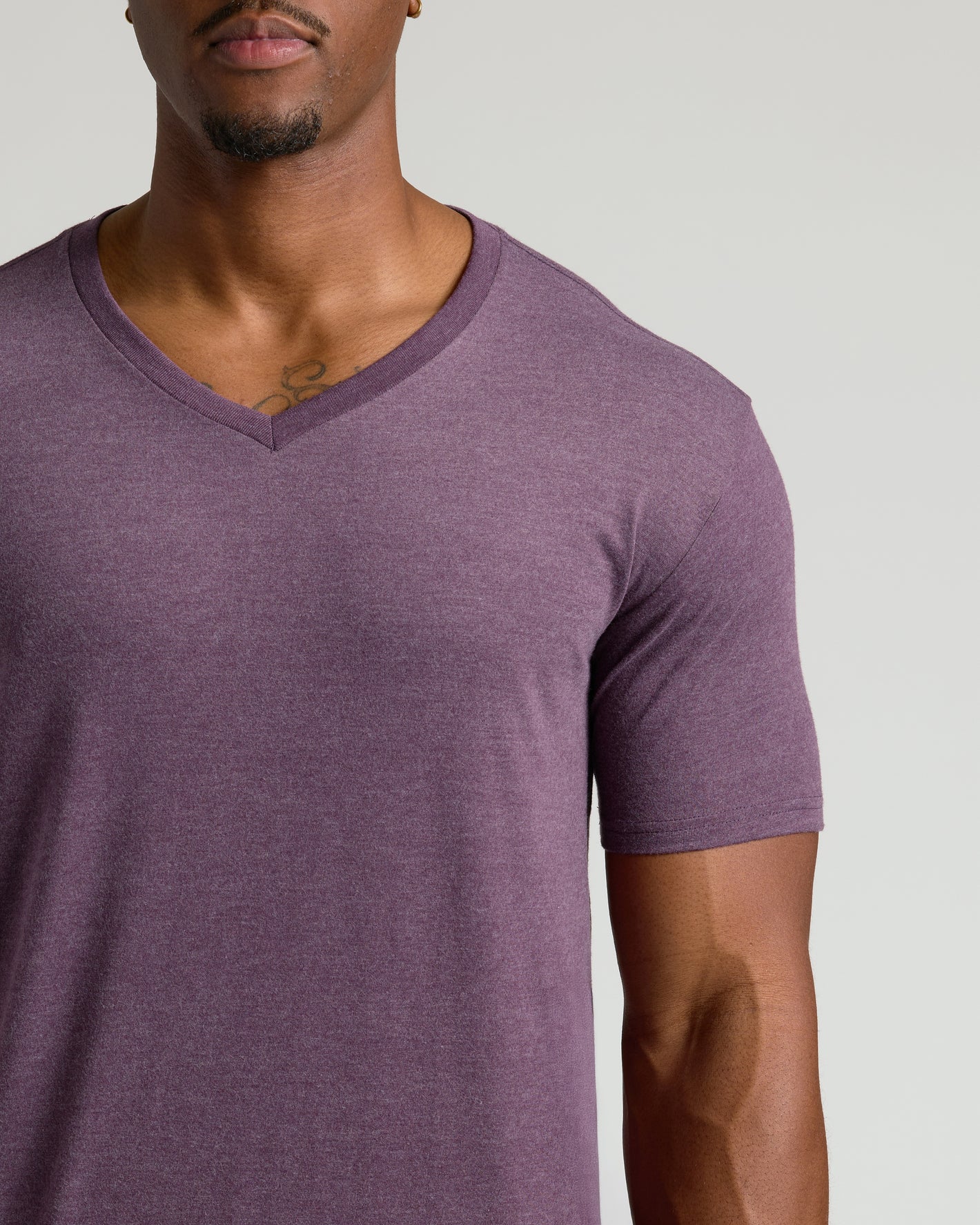 Dark Heather Plum Tall Classic V-Neck on torso, highlighting fit and fabric.