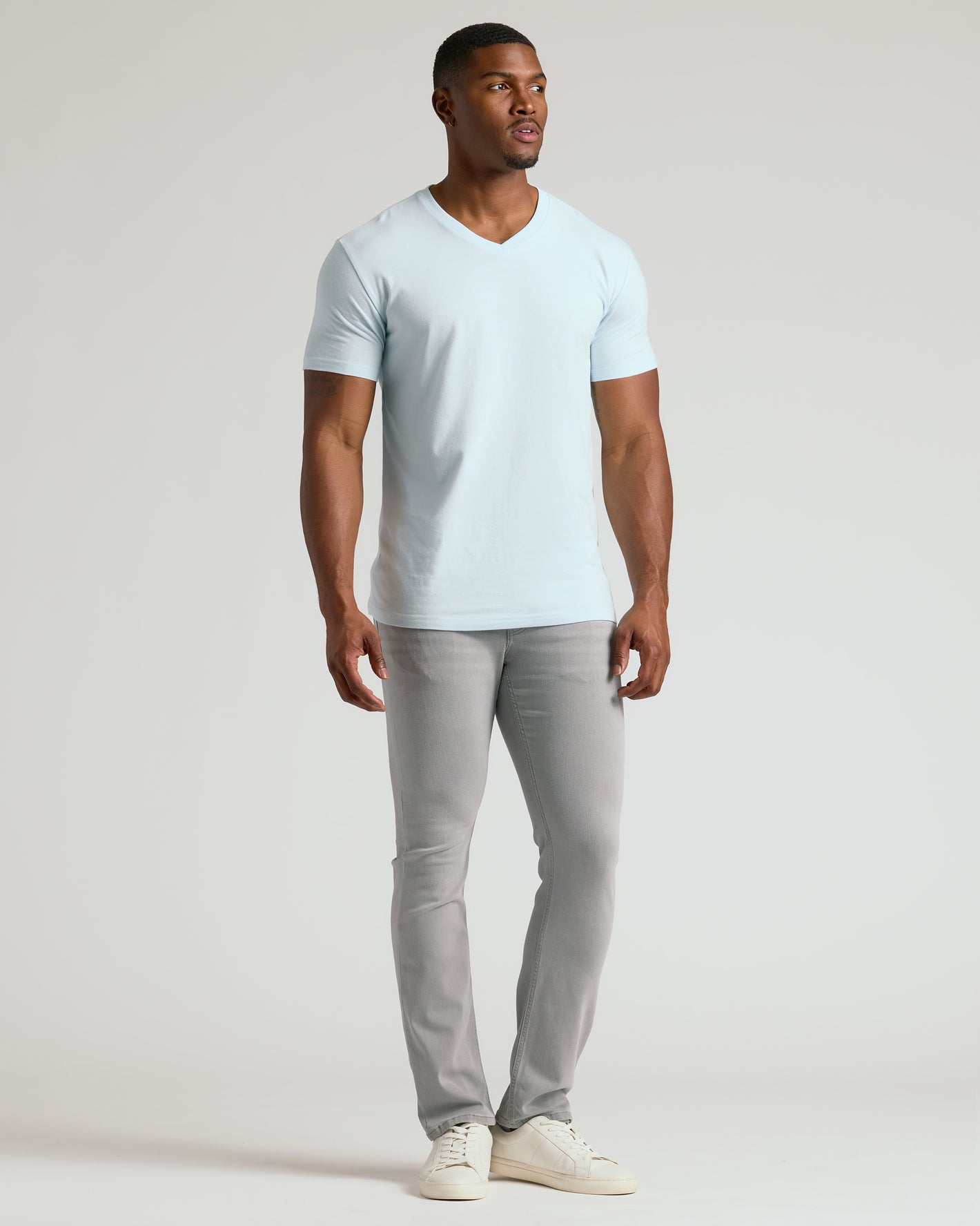 Icicle Tall Classic V-Neck on man, tailored for taller frames.