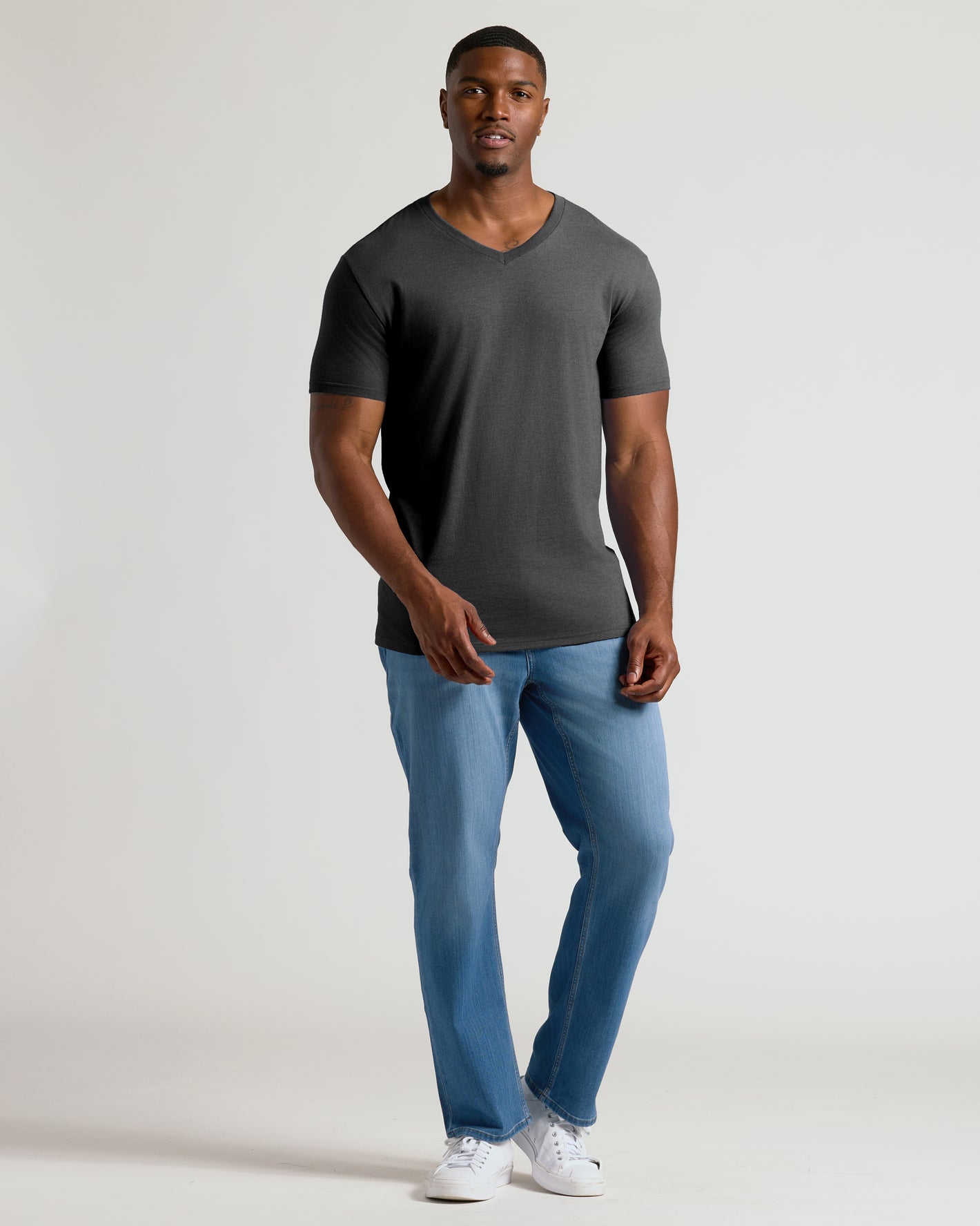 Charcoal Heather Gray Tall V-Neck on fit man in casual pose.