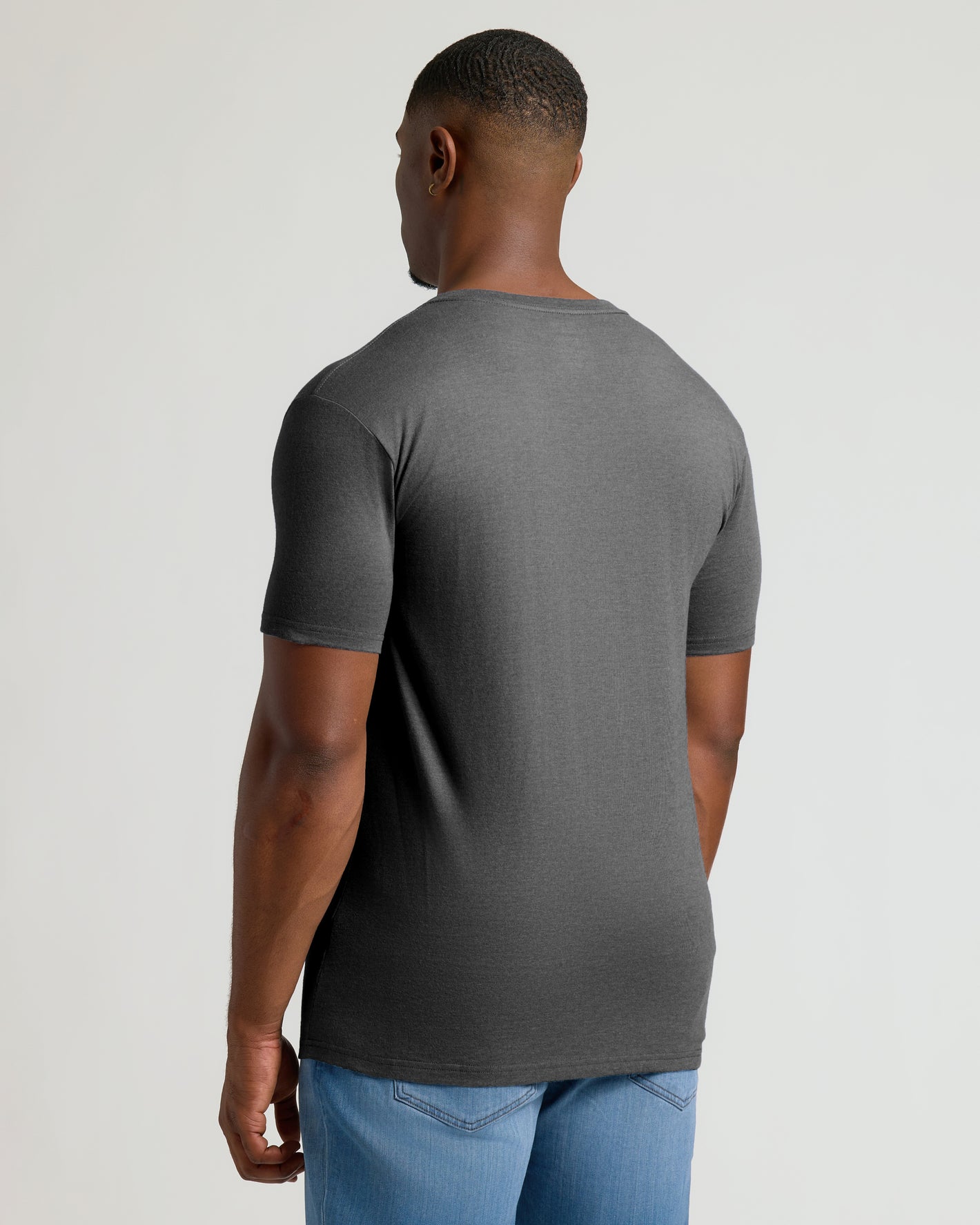 Charcoal Heather Gray Tall Short Sleeve Classic V-Neck on young man from behind.