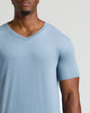 Heather Indigo Tall Short Sleeve Classic V-Neck on man, showcasing fit and tattoo.