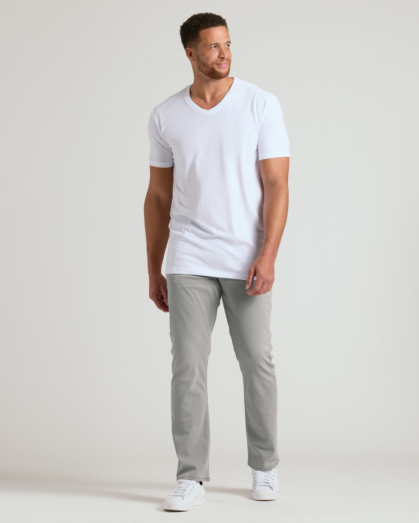 Man in Wardrobe Classic Tall V-Neck, white, tailored for taller frames.