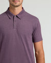 Man wearing Dark Heather Plum Short Sleeve Tall Polo, showing classic collar and placket.