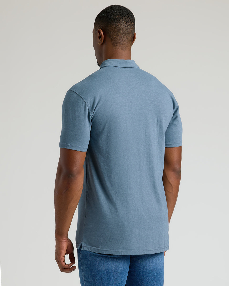 Dark Heather Tempest Short Sleeve Tall Polo, back view, showcasing fit and style.