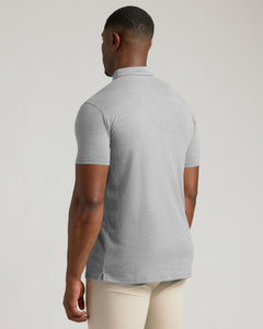 True ClassicMan in Heather Gray Short Sleeve Tall Polo and light beige pants.