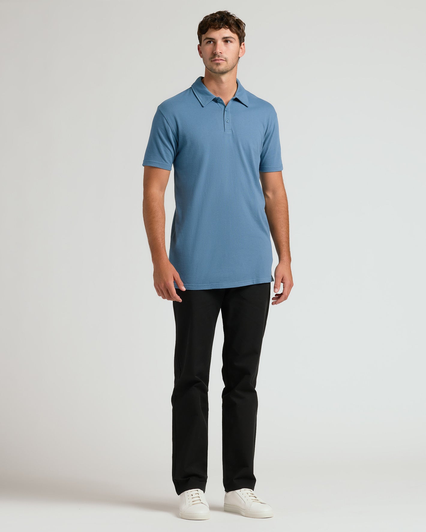 Tall Classic Polo 3-Pack modeled in sky-blue, showcasing a fitted, comfortable design.