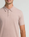 Light Heather Slate Mauve Short Sleeve Tall Polo on model, highlighting fit and texture.