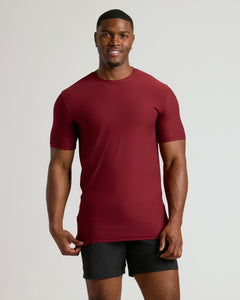 True ClassicAuburn Tall Active Crew Neck 2.0 on fit man, showcasing stretch fit.
