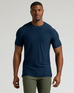 True ClassicTimeless Tall Active Crew 3-Pack on model, showcasing navy t-shirt fit.