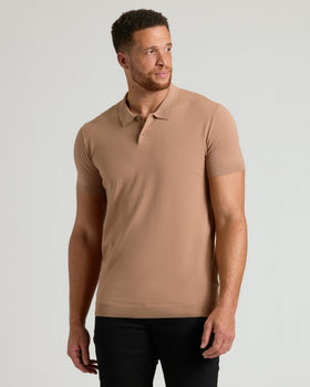 Male model in Truffle Tall Dressy Polo, slim-fit, short-sleeve.