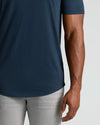 Navy Short Sleeve Tall Curved Hem Crew on model.