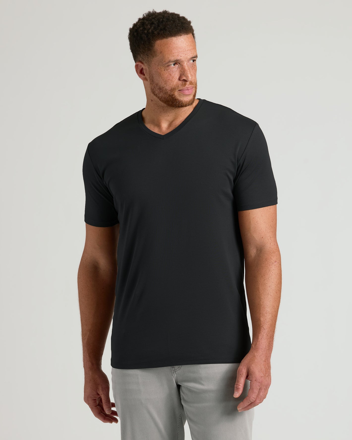 Black Tall Premium Pima V-Neck worn by man, tailored fit.