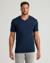 Man in Carbon & Navy Tall Premium Pima V-Neck T-Shirt.