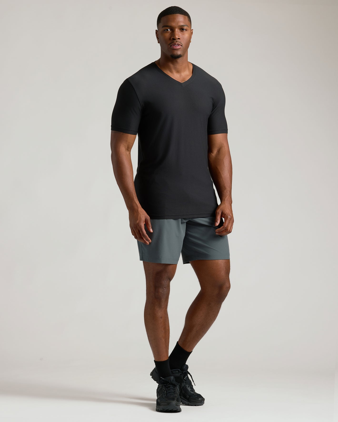 Black Tall Active V-Neck on fit man, showcasing athletic fit and style.