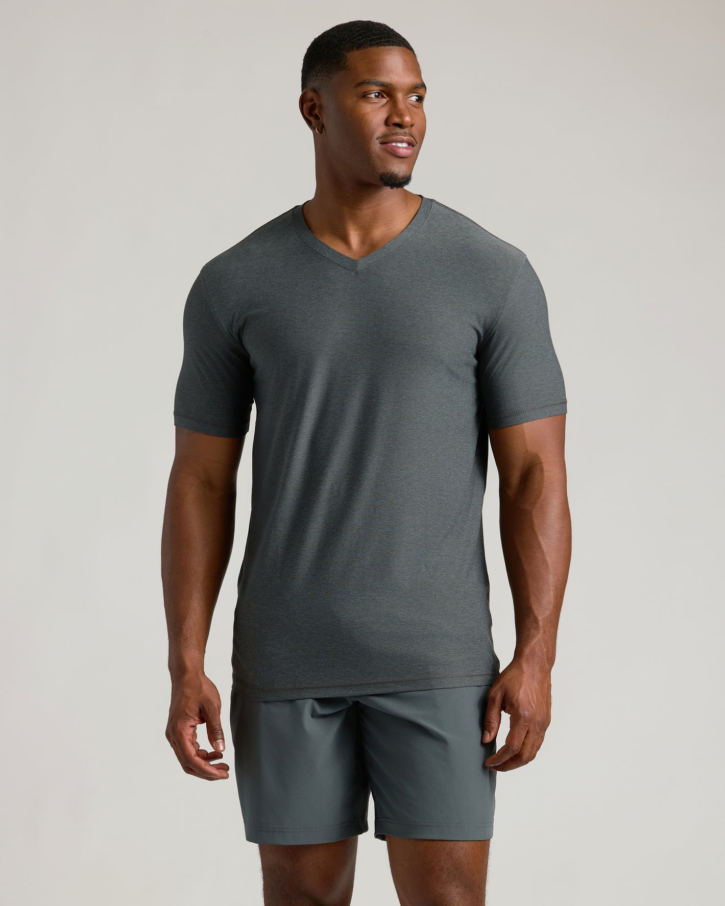 Charcoal Heather Gray Tall Active V-Neck on fit man, relaxed stance.