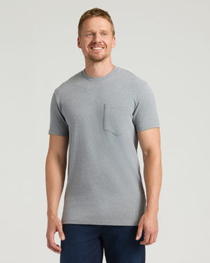 Heather Gray Tall Heavyweight Pocket Crew on smiling man, casual pose.
