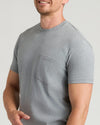 Heather Gray Tall Heavyweight Pocket Crew on man, highlighting sturdy pocket.