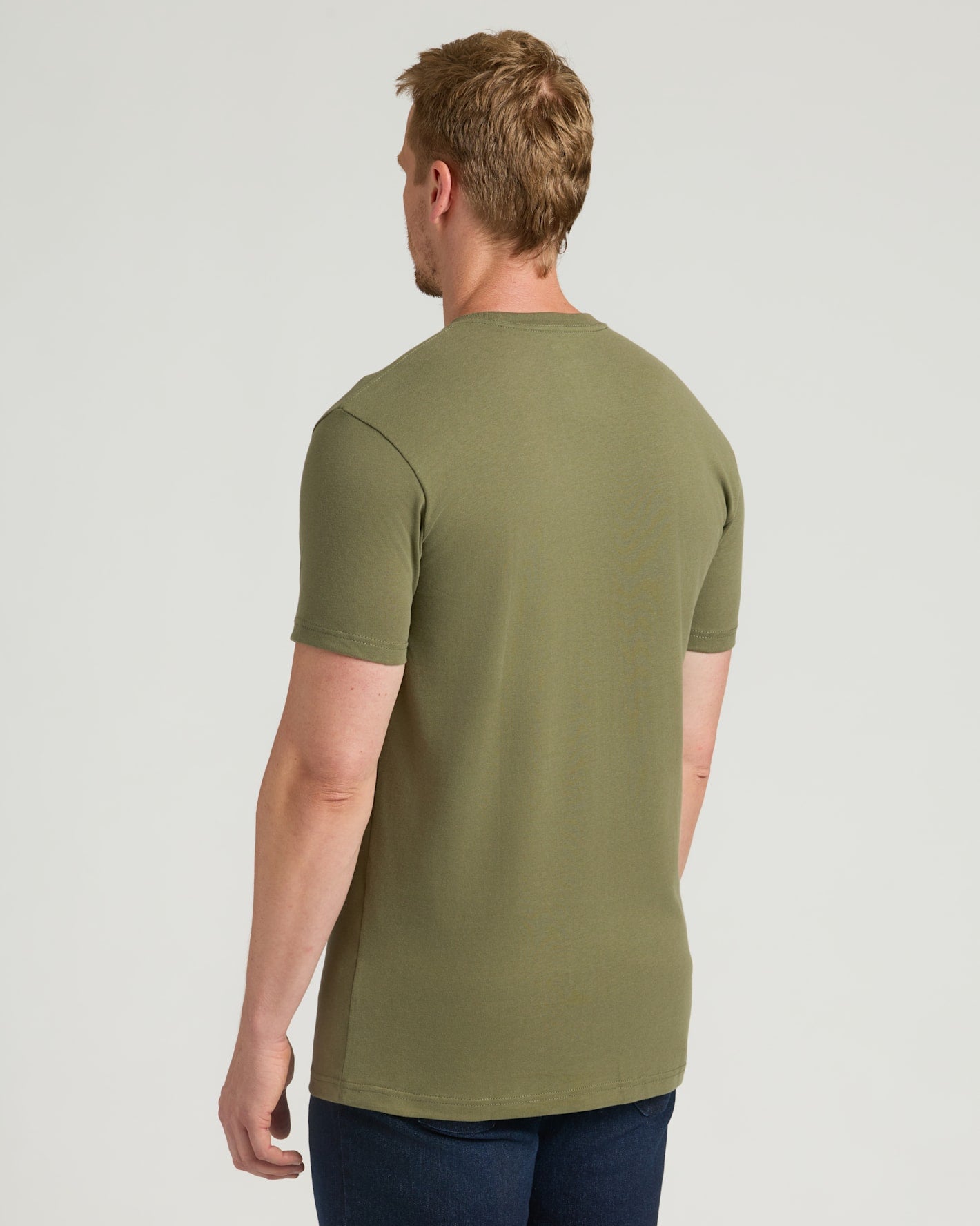 Military Green Tall Heavyweight Pocket Crew on male model, back view.