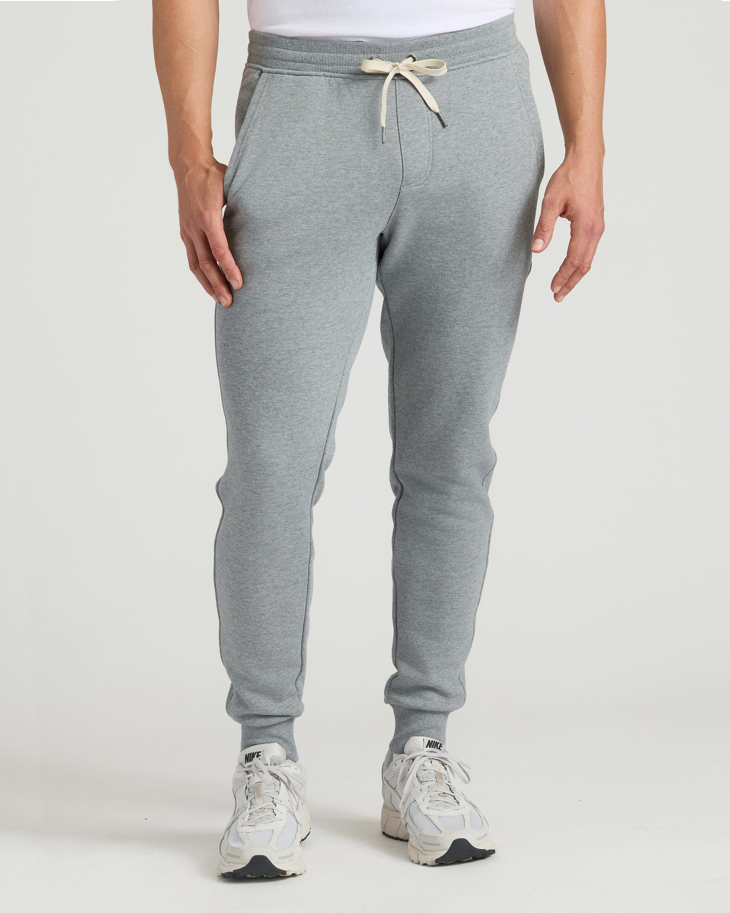 Medium Heather Gray Tall Fleece French Terry Joggers with cream drawstring.