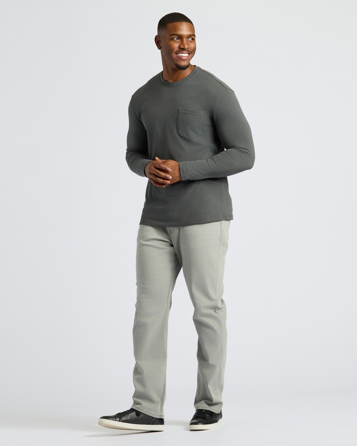 Man wearing Black & Carbon Tall Heavyweight Long Sleeve Pocket Crew.