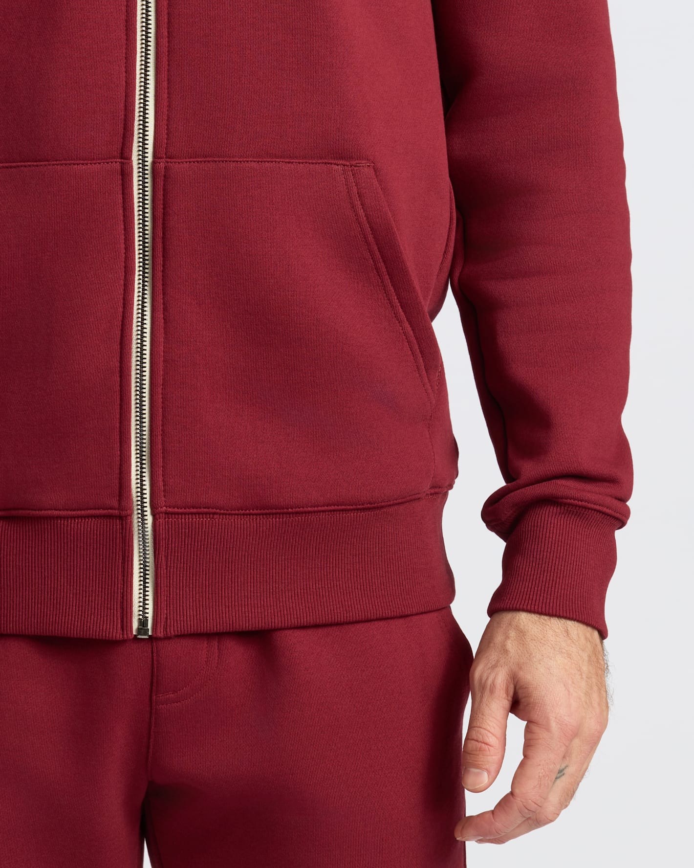 Dark Maroon Fleece French Terry Zip Hoodie with kangaroo pocket and ribbed cuffs.