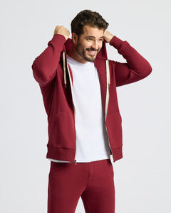 True ClassicMan wearing Dark Maroon Fleece French Terry Zip Hoodie, smiling.