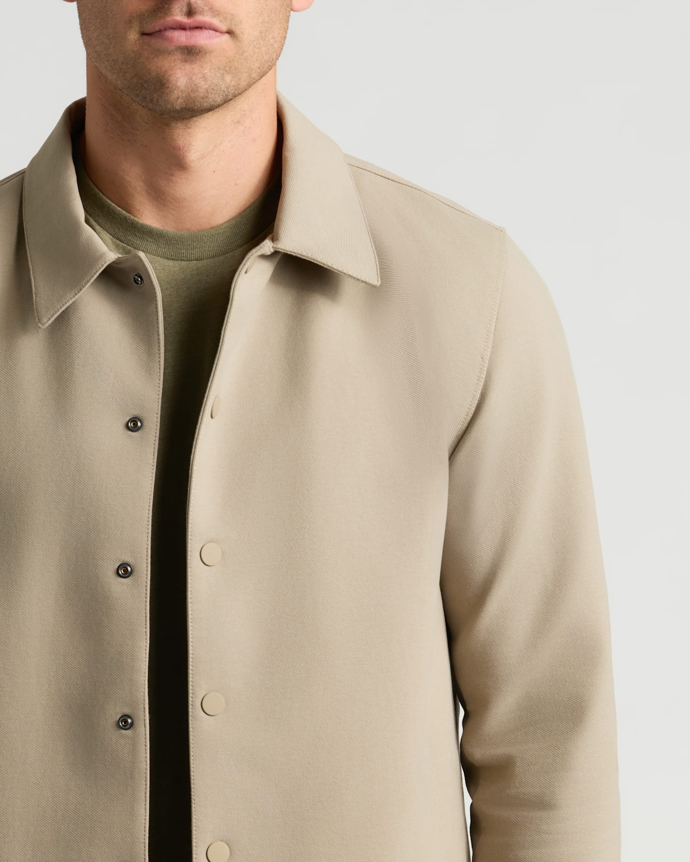 Khaki Casual Jacket on man with olive shirt, highlighting fit and fabric.