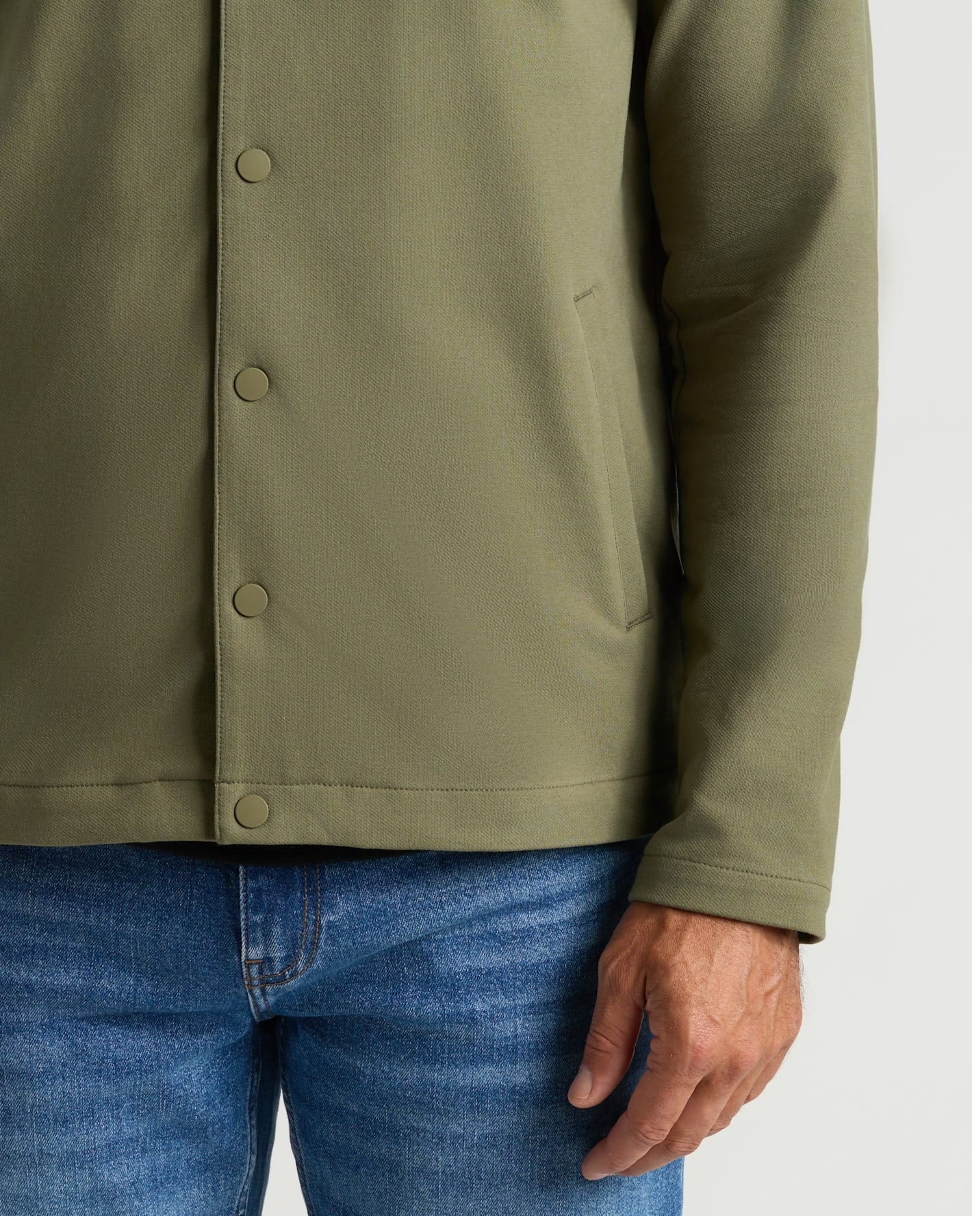 Military Green Casual Jacket with snap buttons and side-seam pockets.