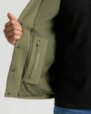 Military Green Casual Jacket with zippered interior pocket and printed lining.
