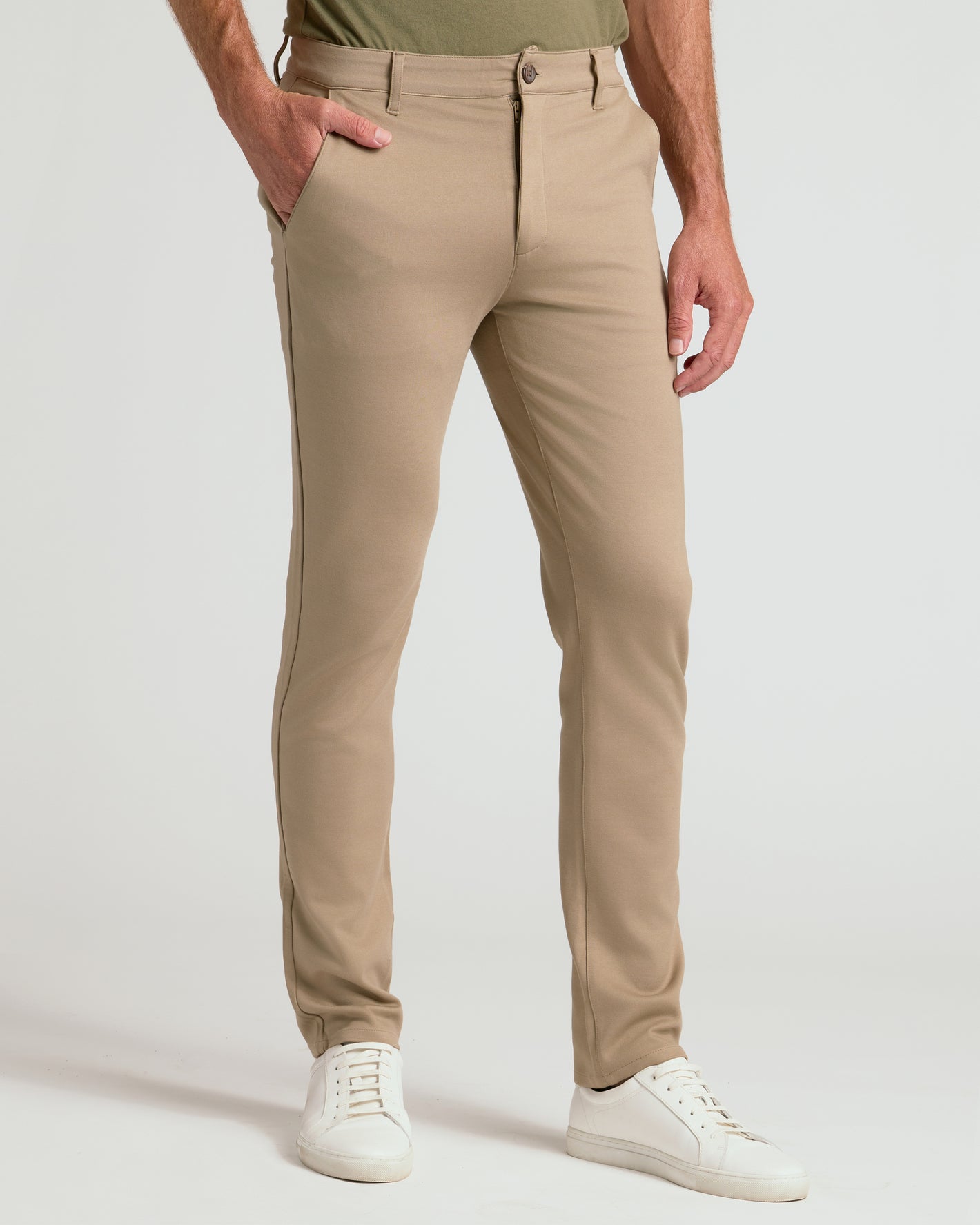 Black & Khaki Slim Comfort Knit Chino Pant 2-Pack with white sneakers.