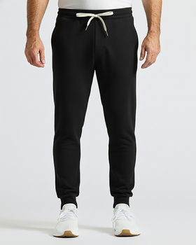 Black Active Joggers with white drawcord and white sneakers.