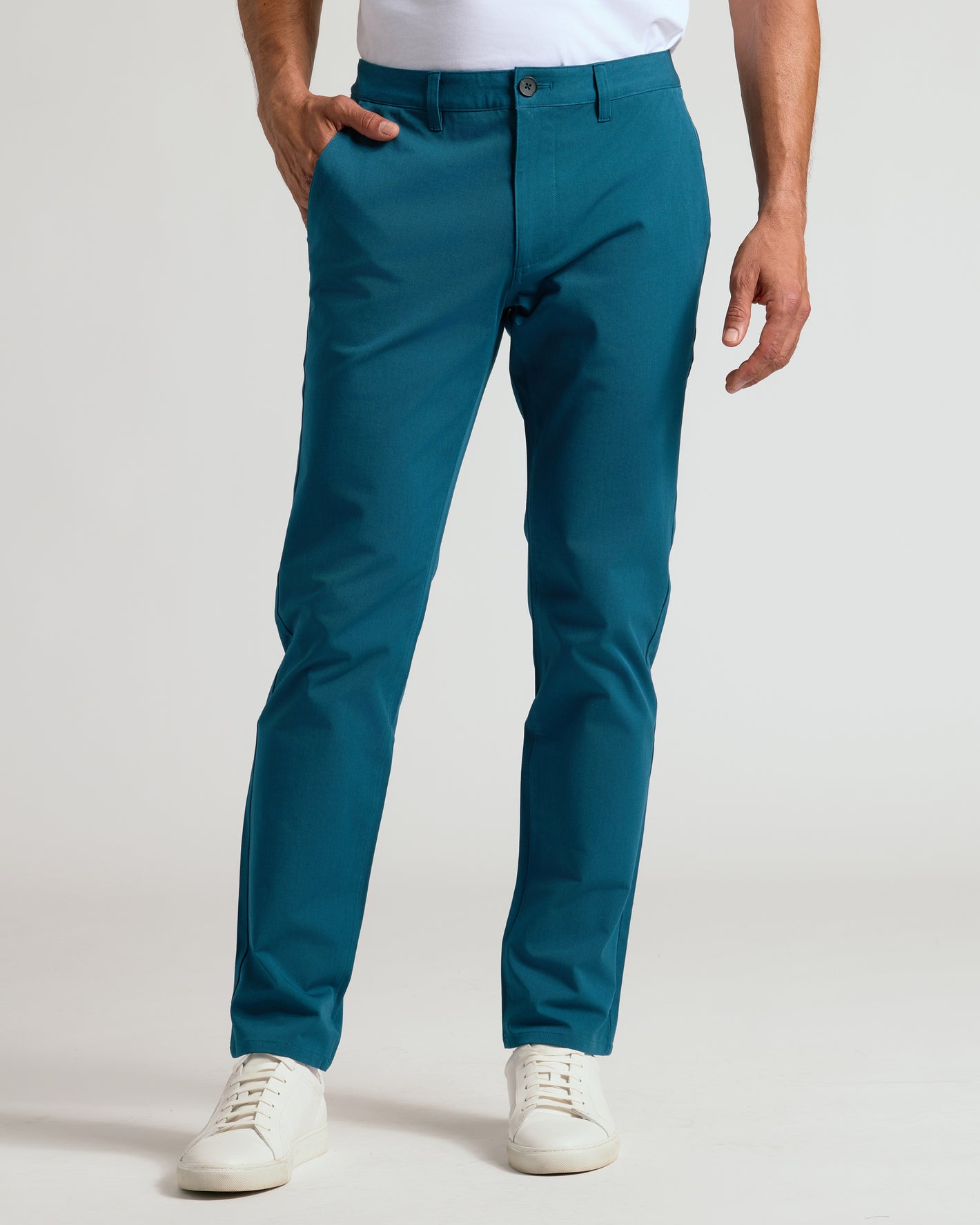 Centurion Slim Twill Chino Pant modeled with white shirt and sneakers.