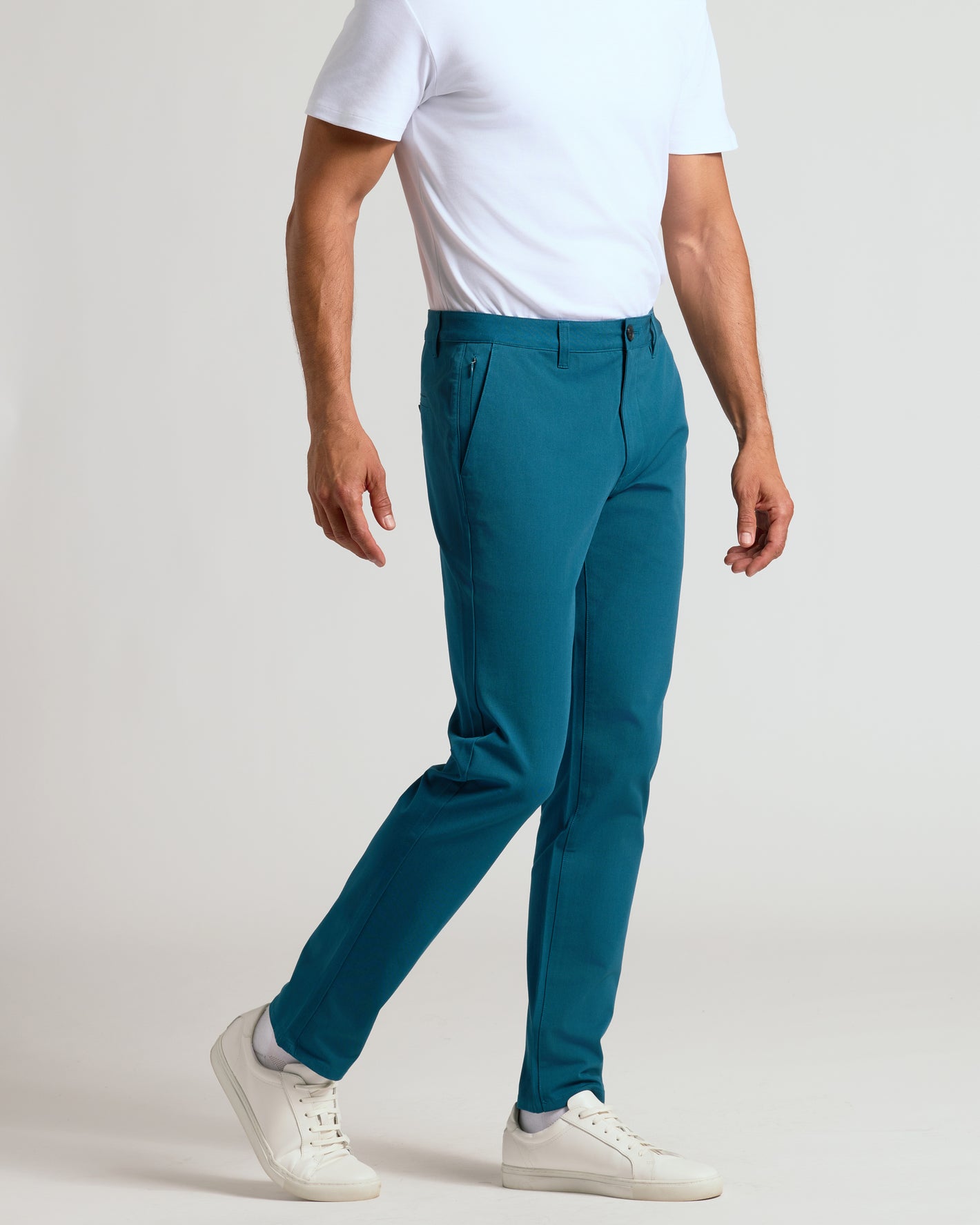 Centurion Slim Twill Chino Pant modeled with white tee and sneakers.