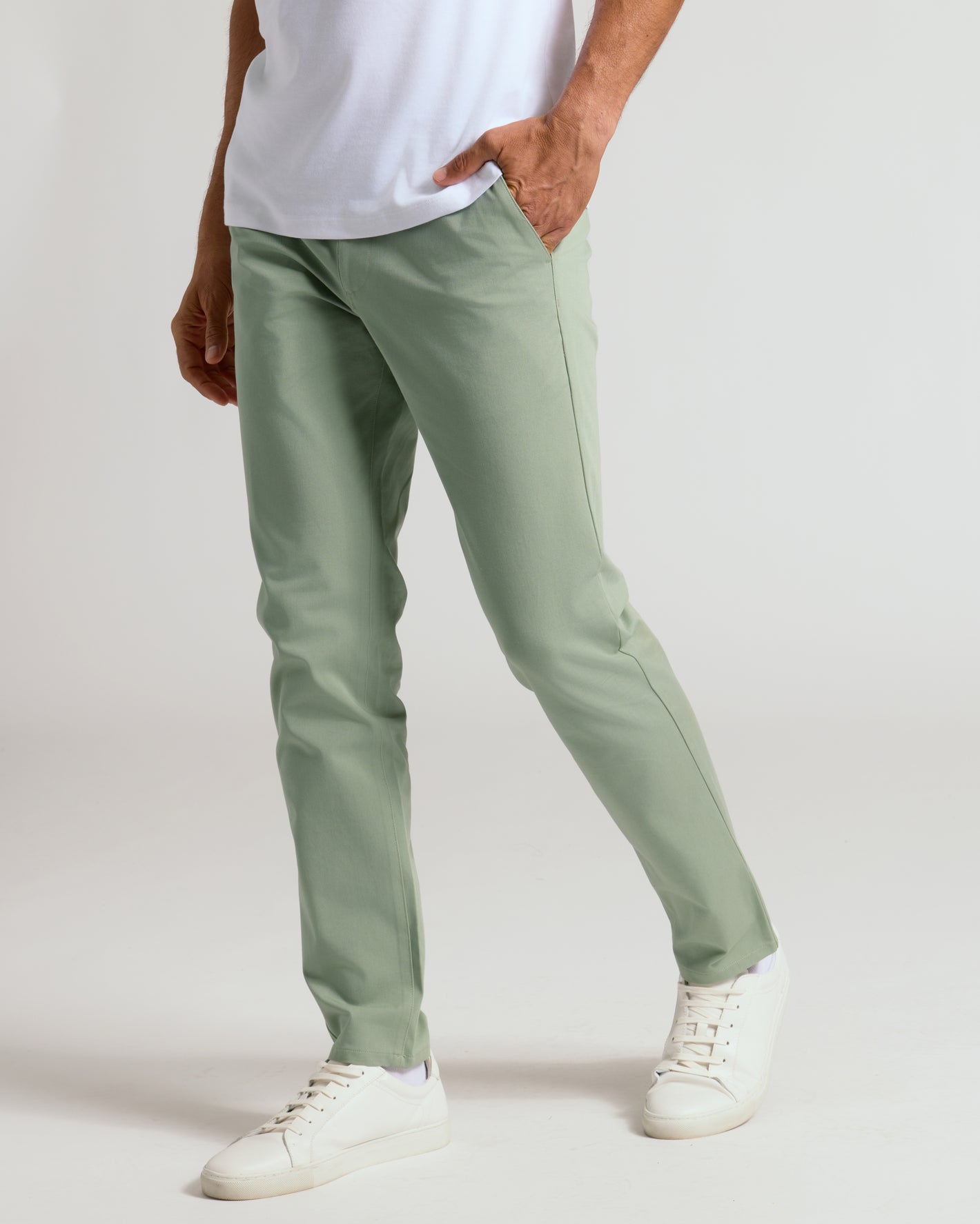 Meadow Slim Twill Chino Pant worn with white sneakers.