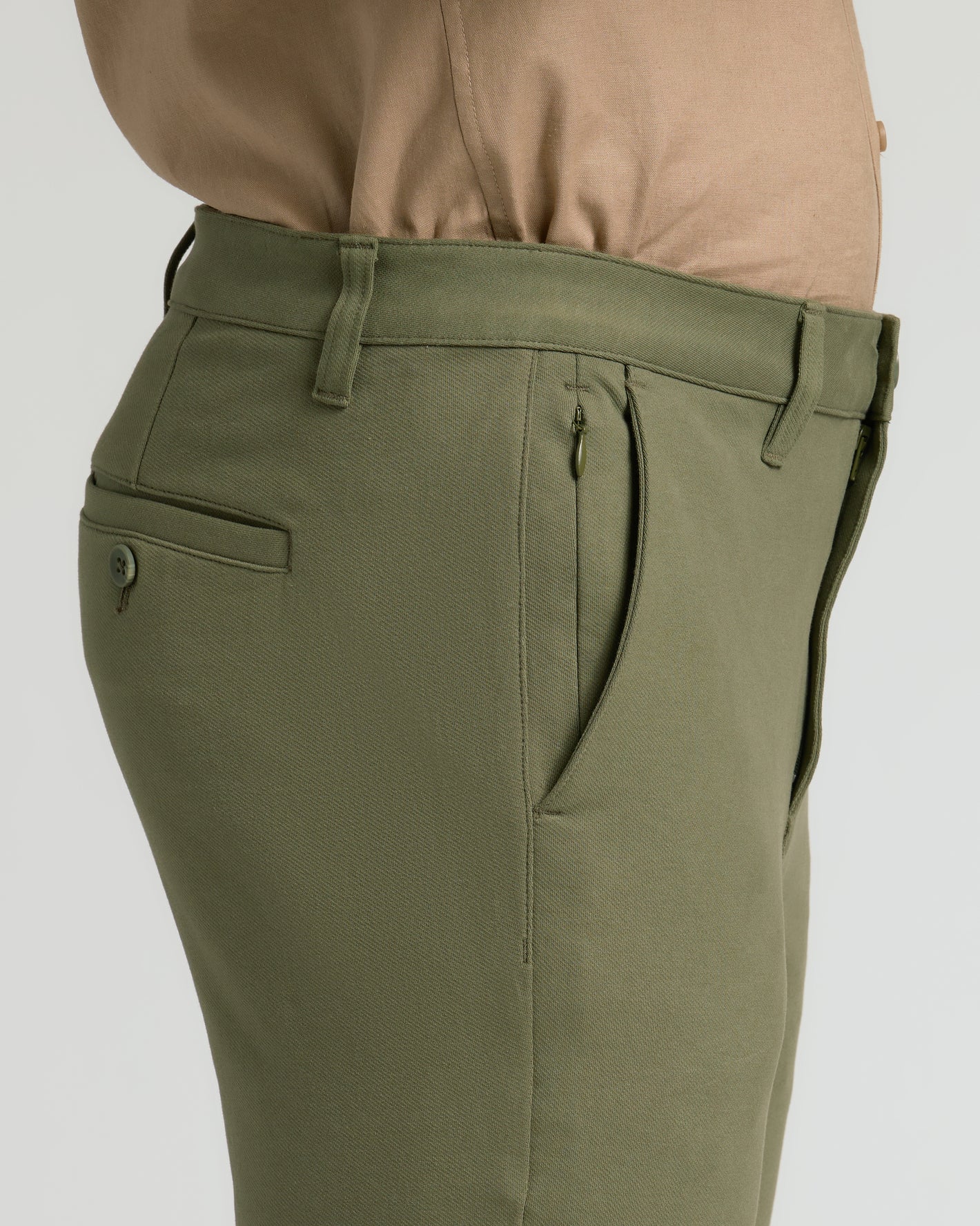 Military Green Slim Chino Pants 2.0 with angled front and back welt pockets.