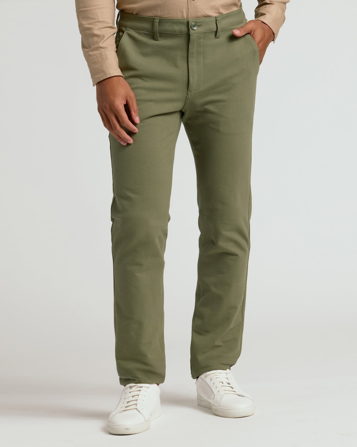 Military Green Straight Chino Pants 2.0 with white sneakers.