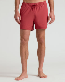 5 Cardinal Seersucker Swim Trunks with textured red fabric and drawstring.