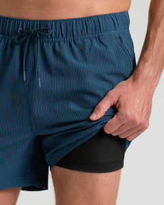 True Classic5 Underwater Seersucker Swim Trunks with built-in black compression liner.