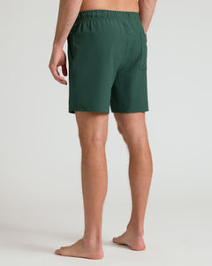 True Classic7 Marine Spruce Seersucker Swim Trunks with elastic waistband and back pocket.
