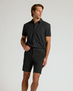 True Classic9 Black Chino Shorts 2.0 worn with matching button-up shirt.