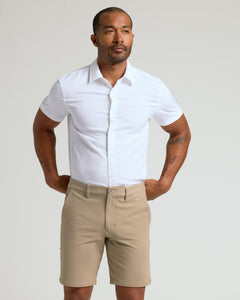 True ClassicMan in 9 Khaki Chino Shorts 2.0, hands on hips.