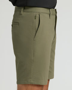 True Classic9 Military Green Chino Shorts 2.0, side view, showcasing pockets and belt loops.