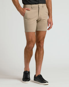 True Classic7 Khaki Chino Shorts 2.0 on male model, side pocket detail.