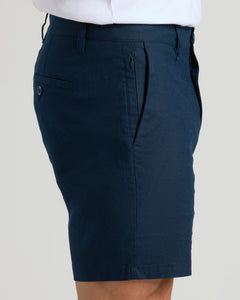 True Classic7 Navy Linen Shorts with zippered side pocket and buttoned back pocket.