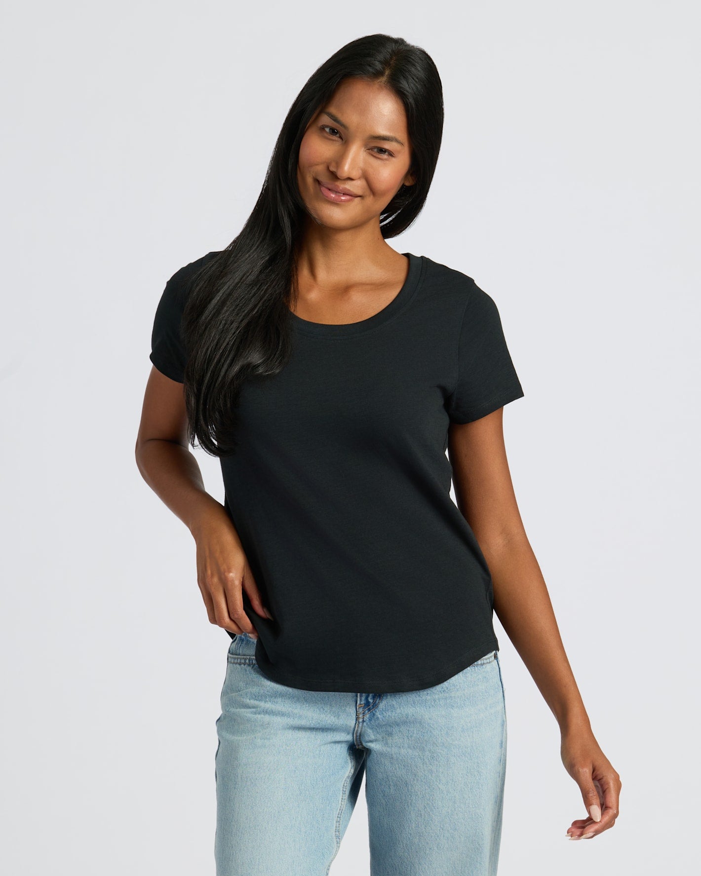 Woman wearing the Womens Black Slub Scoop Neck Tee 4-Pack.