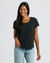 Woman in Womens Black Slub Scoop Neck Tee 2-Pack with jeans.